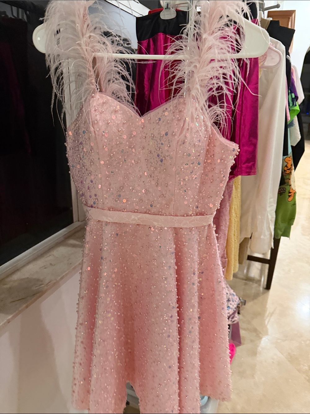 Girls Pink Sequin Dress with Feather Straps